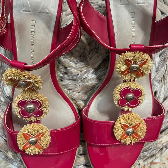 Etienne Aigner Pink Patent Leather Flower Embellished Espadrille Wedge Sandals 8 - Picture 6 of 13